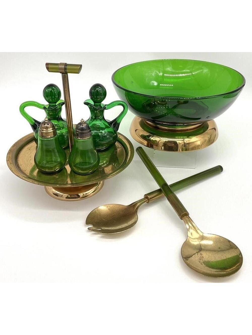 549 - MCM Paden City Emerald Glo Starburst Green Glass & Brass Salad Cruet Set